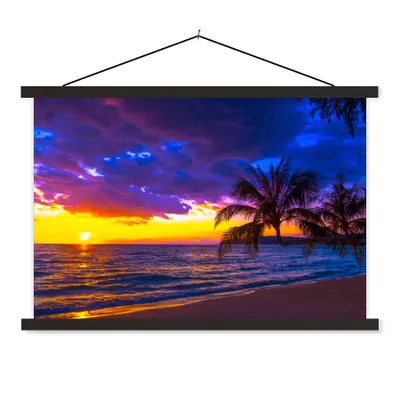 Produktbild von MuchoWow® Textilposter Palme - Lila - Sonnenuntergang - Strand - Meer 60x40 cm mit schwarzem Rahmen - Hölzernes