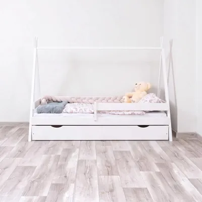 Produktbild von MEBLE WRÓBEL Kinderbett Tipi 80x180 cm in Weiß - Bett aus Kiefernholz mit Schublade & Rausfallschutz - Hausbett für Mädchen und Jungen - Abgerundete Kanten