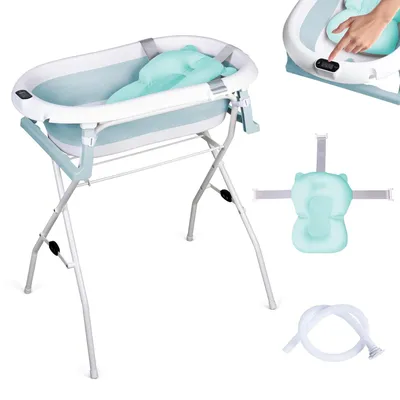 Image de moovkee Baignoire bébé pliable avec support 80 cm Bleu avec thermomètre, coussin et système de vidange – pour nouveau-né