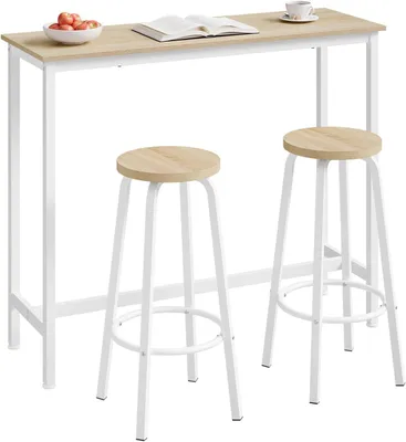 Produktbild von WOLTU Bartisch Set mit 2 Barhockern, Stehtisch & Barstuhl mit Metallgestell, 120x40x100cm : Eiche Hell Farbe: Eiche Hell