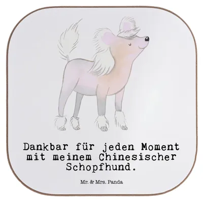 Produktbild von Mr. & Mrs. Panda Tischuntersetzer Chinesischer Schopfhund Moment - Weiß - Geschenk, gläseruntersetzer, Untersetzer für Gläser, Tassenuntersetzer, Coaster, Holzuntersetzer