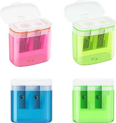 Produktbild von Doppelloch Anspitzer mit Behälter, 4 Stück, 4 Farben | Handheld Bleistiftspitzer für Dicke und Dünne Stifte, mit Deckel, Pencil Sharpener für Schule, Büro und Zuhause