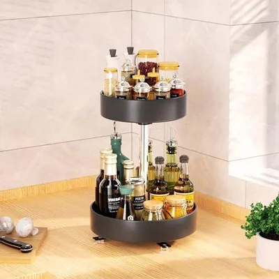 Immagine prodotto di Uniqoos® Porta spezie girevole in metallo (tipo "Lazy Susan") – Organizzatore a 2 livelli, con altezza regolabile, colore nero, diametro 9,8 pollici e 7,9 pollici, dotato di ventose antiscivolo