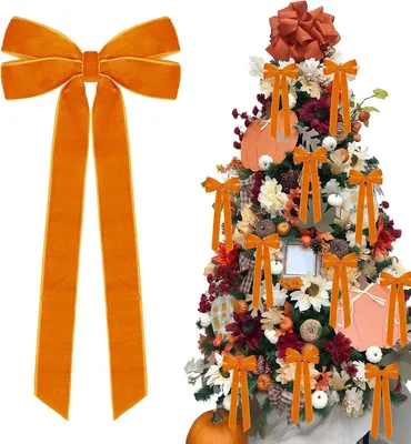 Produktbild von Weihnachtsdekoration, 12 orangefarbene Samtschleifen, 26 x 13 x 2,5 cm, orangefarbene Schleifenornamente, Weihnachtsfeierdekoration