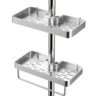 Produktbild von Zweistöckige Duschablage, ohne Bohren, höhenverstellbar, Duschablage aus Aluminium, rostfrei, stabil und langlebig, mit Stange, Silber