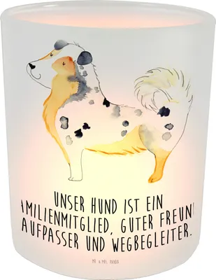 Produktbild von Mr. & Mrs. Panda Windlicht aus Glas Hund Australien Shepherd - Transparent - Geschenk, Teelichthalter, Kerzenhalter, Sprüche, dekolicht, Familienhund, Familie