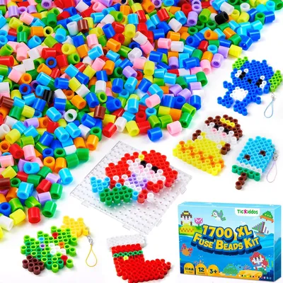Produktbild von Bügelperlen Set 10 mm, 1700 Stück, 12 Pastellfarben, mit Bügelplatte und Vorlagen, für kreatives Basteln