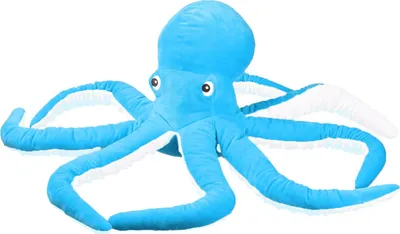 A blue plush octopus toy is shown against a white background.
