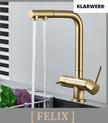 Immagine prodotto di Felix | Rubinetto a tre vie estraibile Premium Gold Matt | Rubinetto da cucina con osmosi in acciaio inox | Rubinetto miscelatore - 360 gradi | Filtro