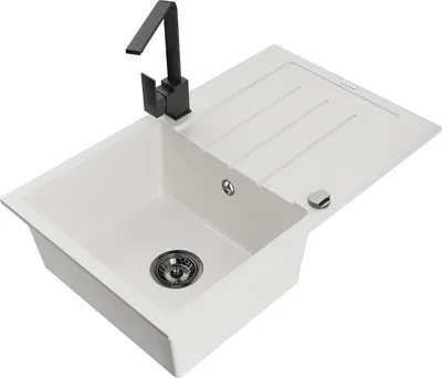 Produktbild von Mexen Bruno 1 Becken-Granitspüle mit Abtropffläche und Mischbatterie Rita, Weiß - 6513-20-670300-70