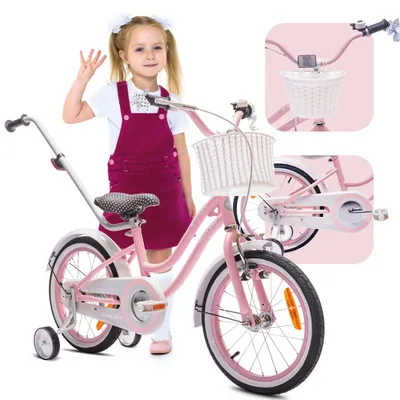 Image de Vélo pour fille 16 pouces 4-6 ans vélo avec roues d'entrainement poussoir cloche panier Vélo coeur rose poudré