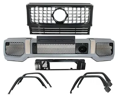 Imagen del producto de Parachoques delantero, extensiones de guardabarros, aletas y rejilla para Mercedes G W463 89-18, estilo G65.