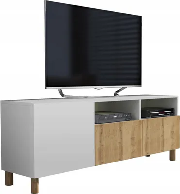 Zdjęcie produktu dla szafka rtv pod telewizor w stylu skandynawskim 150 biały mat dąb nóżki