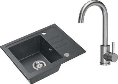 Produktbild von VBChome Spülbecken Granit Schwarz mit Armatur 55 x 44 cm Einzelbecken Einbauspüle Gesprenkelt Reversibel Granitspüle Siphon Waschbecken Armatur
