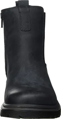 A front view of a black Chelsea boot.
