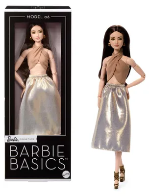 Produktbild von Barbie Signature Basics-Sammelpuppe, Modell 06 mit brünetten Haaren, schimmerndem goldenen Rock und Haltertop, Modepuppe, Weiblich, 6 Jahr(e), Junge/Mädchen, 320 mm, Mehrfarbig
