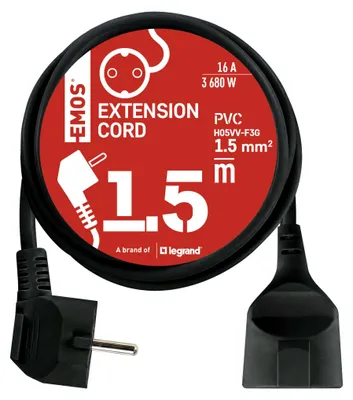 Verlängerungskabel 1,5 m / 1 Steckdose / schwarz / PVC / 1,5 mm2