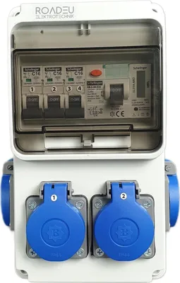 Produktbild von roadeu Stromverteiler mit Zähler, FI Schutzschalter 40A Typ A/AC, LS C16A, 4 Schuko-Steckdosen, 230V, IP44 Aufputz für Innen- & Außenbereich, mit blinkender LED, manipulationssicher & nicht rücksetzbar