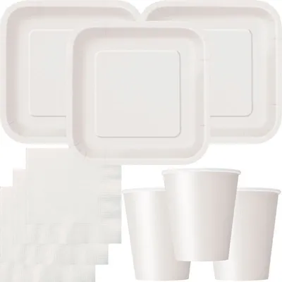 Produktbild von Party Deko Set weiss Einweggeschirr für 14 Personen eckige Teller, Becher, Servietten Hochzeit Geburtstag