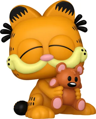A Garfield Funko Pop! vinyl figure is sitting and hugging a small brown teddy bear.