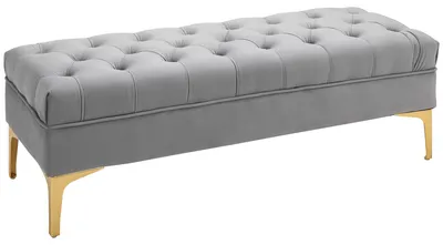 Image de Banc Moonbite avec revêtement boutonné, banc de chevet en velours imitation, banc à chaussures pour l'entrée et la chambre, 118 × 45 cm, bois, gris clair