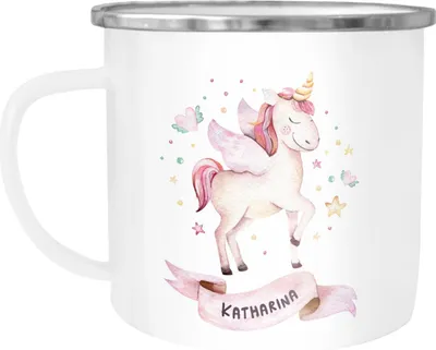 Produktbild von Emaille-Tasse mit Namen Einhorn Motiv Emaille-Becher personalisierte Geschenke Namensbecher Unicorn SpecialMe® weiß-metall Emailletasse