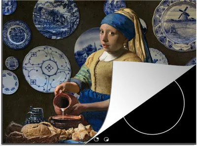 Produktbild von KitchenYeah© Herdabdeckplatte Milchmädchen - Das Mädchen mit dem Perlenohrring - Vermeer , 57x51cm, Küche Deko, Glaskeramikkochfeld Herdabdeckung, Abdeckplatte fùr Kochfeld