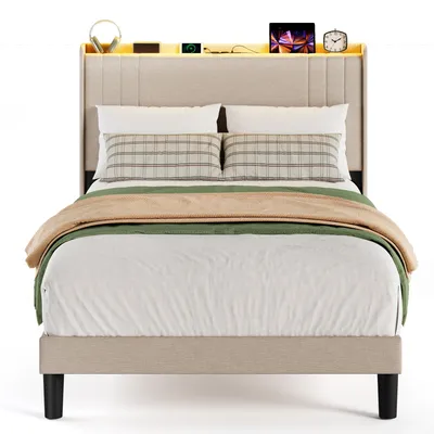 Image de BEALIFE BF28 Lit rembourré 120x200 cm avec sommier à lattes | Structure métallique avec tête de lit en bois | peu de vibrations | Beige/gris foncé