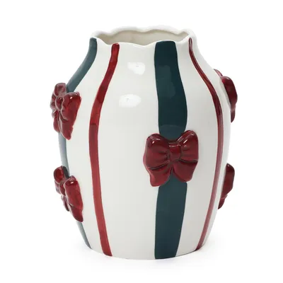 Produktbild von Keramikvase Weiß, Höhe 21 cm, Moderne Blumenvase mit Elegante Streifenmuster