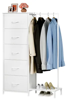 Produktbild von Kommode mit 5 Schubladen aus Stoff und Kleiderstange, geeignet für Schlafzimmer, Wohnzimmer, Flur, Schubladenschrank, Weiß