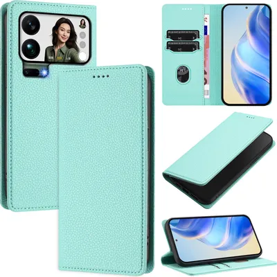 Produktbild von Litchi Leder Handyhülle für Xiaomi 17 Pro Max Wallet Kartenfächer Standfunktion Hülle Türkis