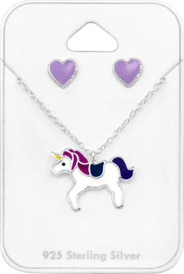 Produktbild von Set 925 Sterling Silber Ohrringe mit Herz-Ohrstecker mit Einhorn-Kette