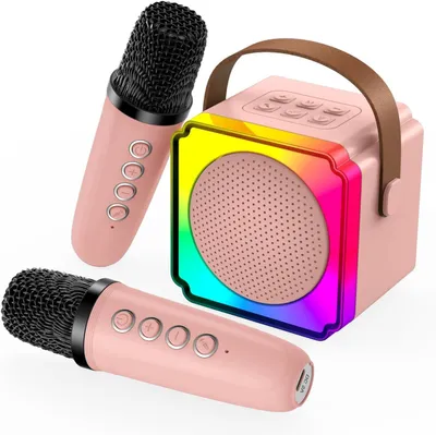 Obrázek produktu pro Karaoke pro děti – Přenosný reproduktor – Ideální pro oslavy – S 2 mikrofony – Baterie 1200 mAh – Růžová barva