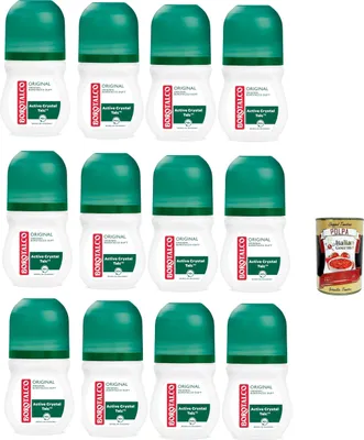 Produktbild von Borotalco, Original Deo Roll-On mit Talkum mit aktiven Kristallen, dreifacher Trockenschutz, ohne Alkohol, Duft von Borotalco – 12 Stück à 50 ml + Italian Gourmet polpa 400g