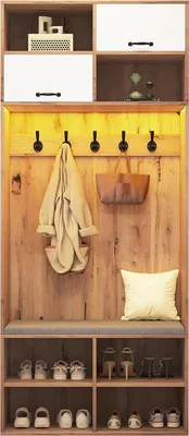 Image de Ensemble de meubles de rangement pour entrée, comprenant une armoire avec 2 portes et 6 étagères ouvertes, ainsi qu'une étagère à chaussures et 5 crochets. Dimensions : 80 x 35 x 185 cm. Finition bois. Référence : HNDE014