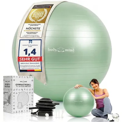 Productafbeelding van Body & Mind Anti-Burst Gymnastiekbal 75 cm, groen – Duurzame fitnessbal, ergonomische zitbal en Pezzi-bal voor yoga, Pilates en rugtraining