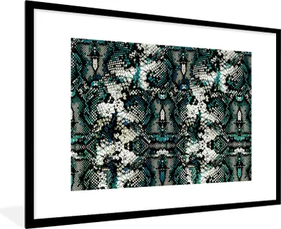 Produktbild von MuchoWow® Gerahmtes Poster Tiermuster - Weiß - Schwarz - Türkis 90x60 cm - Poster mit Schwarzem Bilderrahmen Wandposter Rahmen Foto Bilder - Wanddekoration - Fotos
