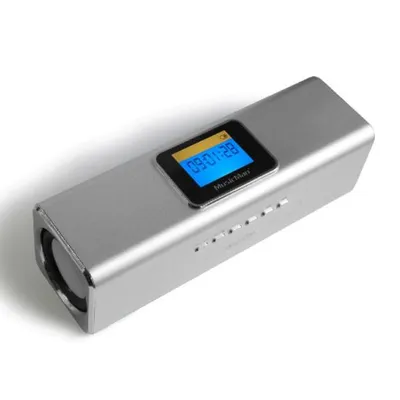 A silver portable speaker with a digital display.