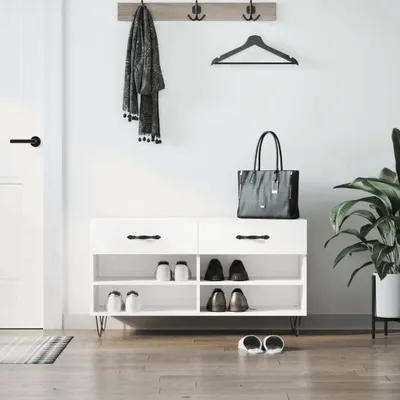 Zdjęcie produktu dla vidaXL Ławka na buty biały wysoki połysk 102x35x55 cm materiał drewnopochodny - Ławka na buty - Ławki na buty - Ławka z miejscem do przechowywania - Stojak na buty
