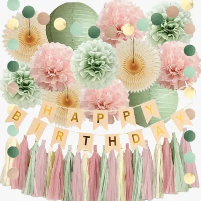 Produktbild von Geburtstagsdeko Set Salbeigrün Rosa mit Happy Birthday Banner & Girlande 33-teilig