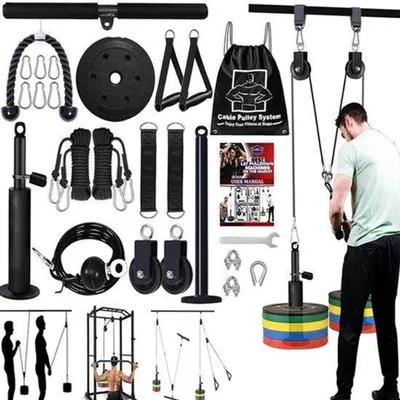 Produktbild von Kabelzugsystem für Fitnessgeräte, ideal für das Training zu Hause. Krafttrainingsgeräte, Zubehör für Workouts, Latziehen, Fitnessgeräte für Trizeps, Bizepscurls, Unterarmtraining, Schultertraining (2 Systeme + Gewichte)