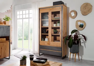 Produktbild von Vitrine 110x204cm 'Taipeh'  Wildeiche & Metall gebürstet