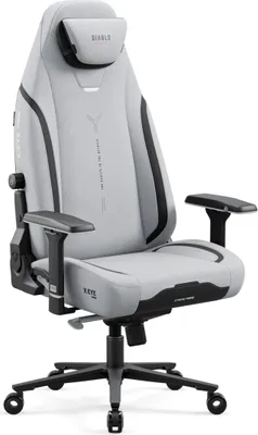 A gray gaming chair with black accents, shown from a front-side angle against a white background.