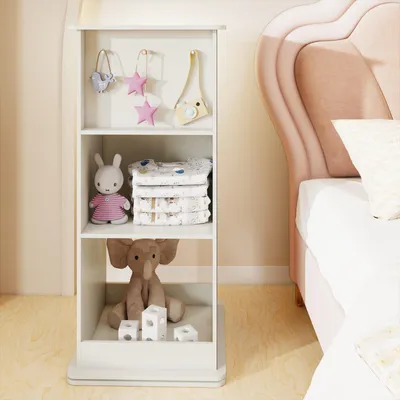 Immagine prodotto di COSTWAY Libreria girevole per bambini, scaffale per bambini con lavagna, specchio, 8 ganci e scomparti aperti, libreria per bambini a 3 livelli, scaffale girevole per giocattoli