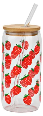 Image de Gourde avec couvercle et paille en verre Fraises