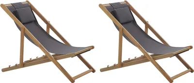 Produktbild von BELIANI Liegestuhl 2er Set Hellbraun und Dunkelgrau Akazienholz mit 2 Ersatzstoffbezügen zur Auswahl Zusammenklappbar Modern Balkon Garten Outdoor