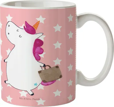 Produktbild von Mr. & Mrs. Panda Pott Einhorn Koffer - Rot Pastell - Geschenk, Einhörner, Lustig, Erwachsen, Abenteuer, Unicorn, Haferl, Plastikbecher, Trinklernbecher, Mehrwegbecher