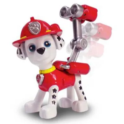 A toy dog figure with a firefighter's helmet and binoculars.