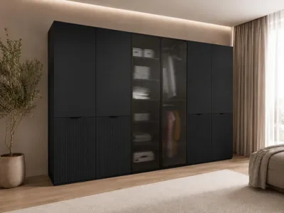 Produktbild von Drehtürenschrank, Falttürenschrank 6-türig Schrank mit Einlegeböden und Kleiderstange, Schlafzimmer - Schrank Minewra 300 - Schwarz Flutes