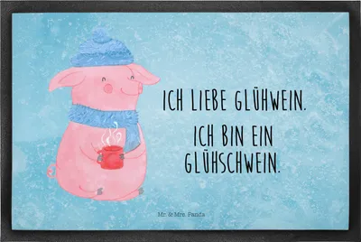 Produktbild von Mr. & Mrs. Panda Schmutzfänger Schwein Glühwein 40 x 60 cm - Eisblau - Geschenk, Weihnachtsmarkt, Fussmatte, Fußabtreter, fußmatte, Weihnachten, Schmutzmatte, Glühschwein